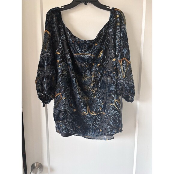 Off Shoulder Burnout Velvet Witchy Whimsigoth Gypsy Boho Top Black Blue Gold L - Picture 5 of 11